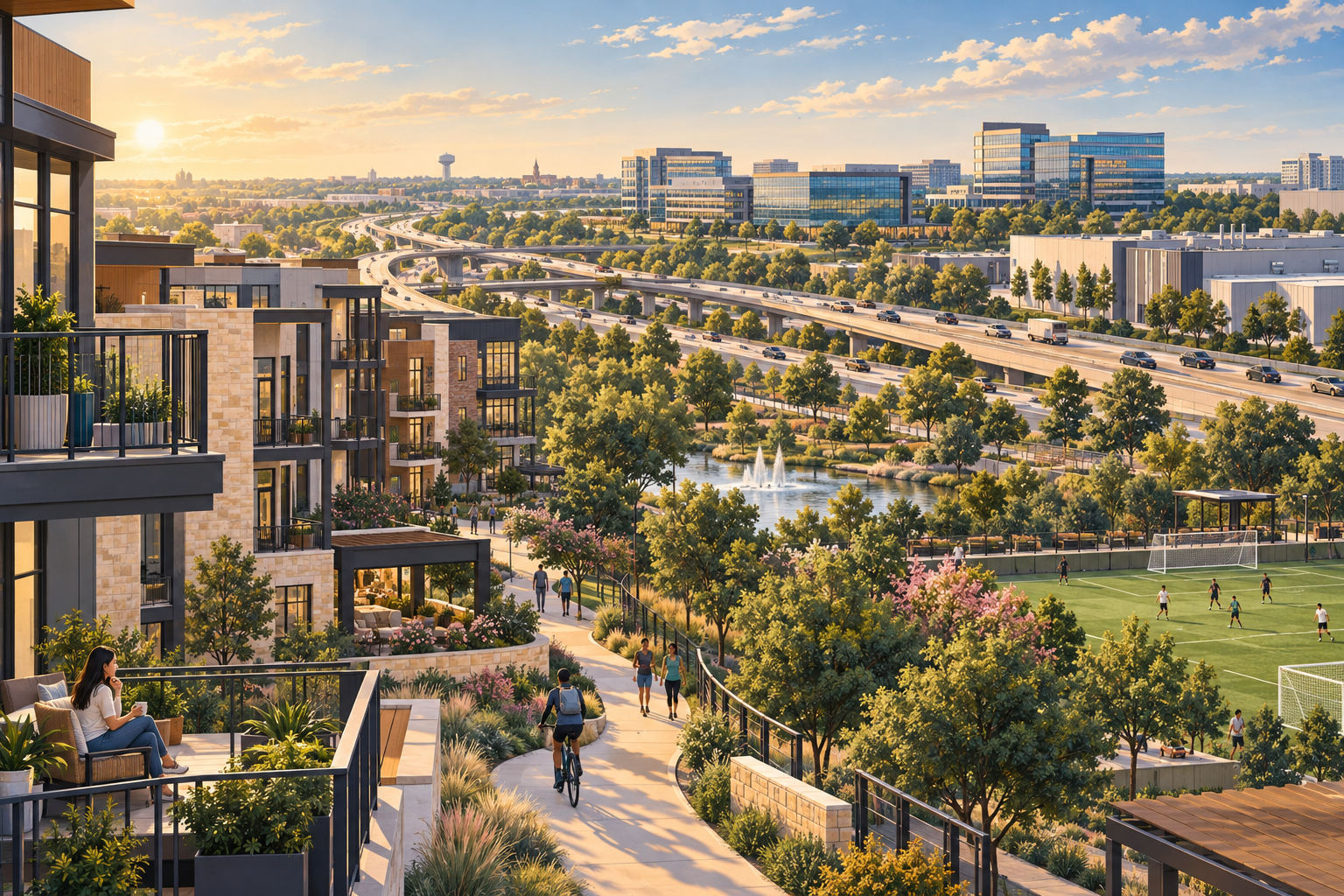 Editorial illustration of apartment living, employment campuses, SH 121, parks, trails and soccer in the McKinney and Craig Ranch area